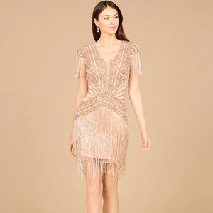 LARA NYC Beaded Fringe Short Dress with Cap Sleeves, Size 14, Rose Gold